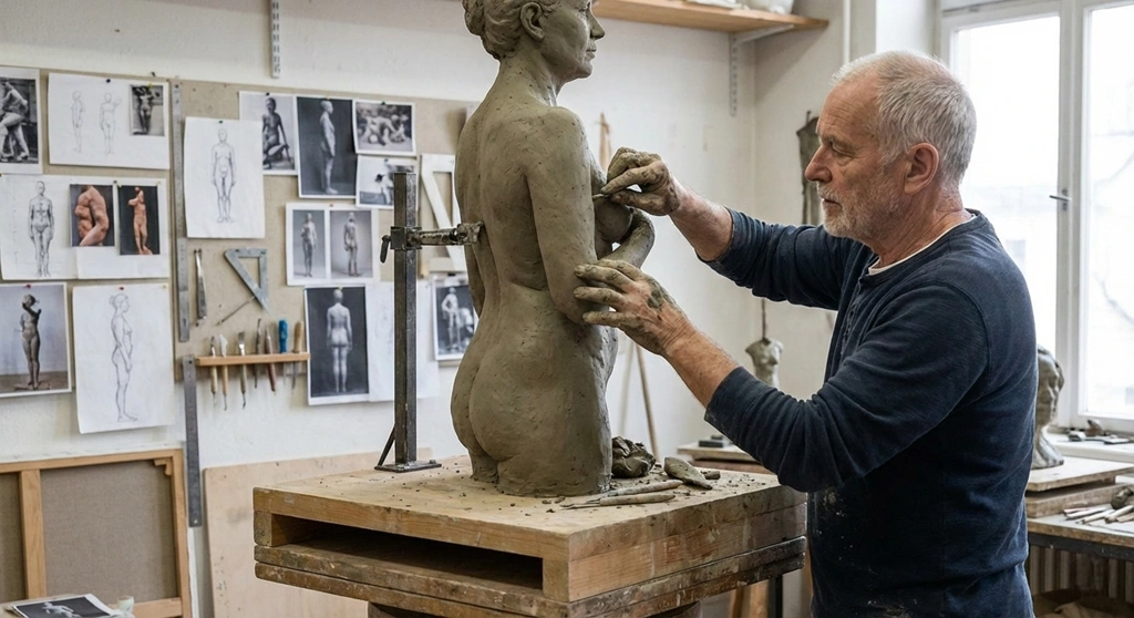 Master artists creating a full-scale 1:1 clay model prototype in the studio for client approval before casting