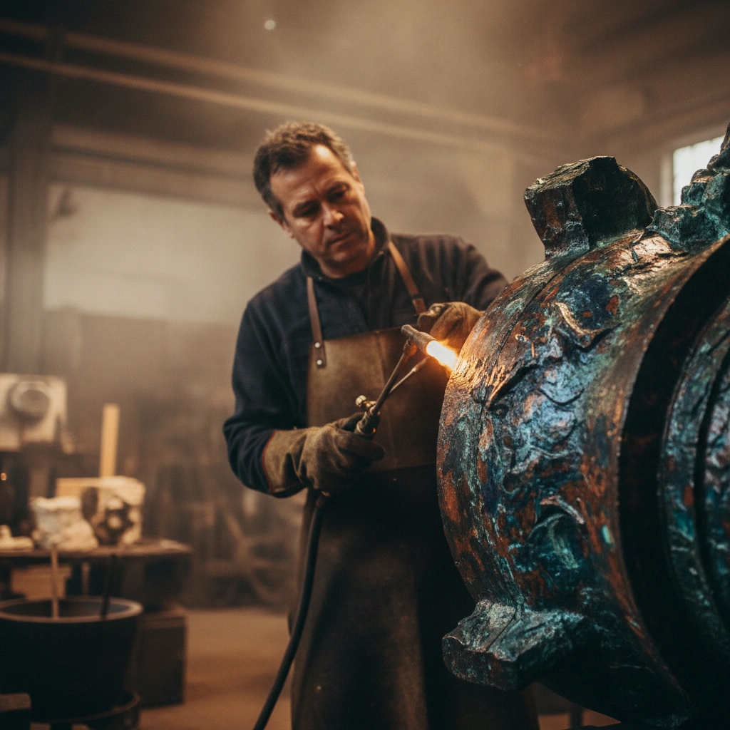 A skilled artisan in a traditional bronze foundry meticulously applying a chemical patina to a large bronze sculpture, using a torch to achieve rich, aged textures and colors, showcasing the blend of craft and artistic finishing.
