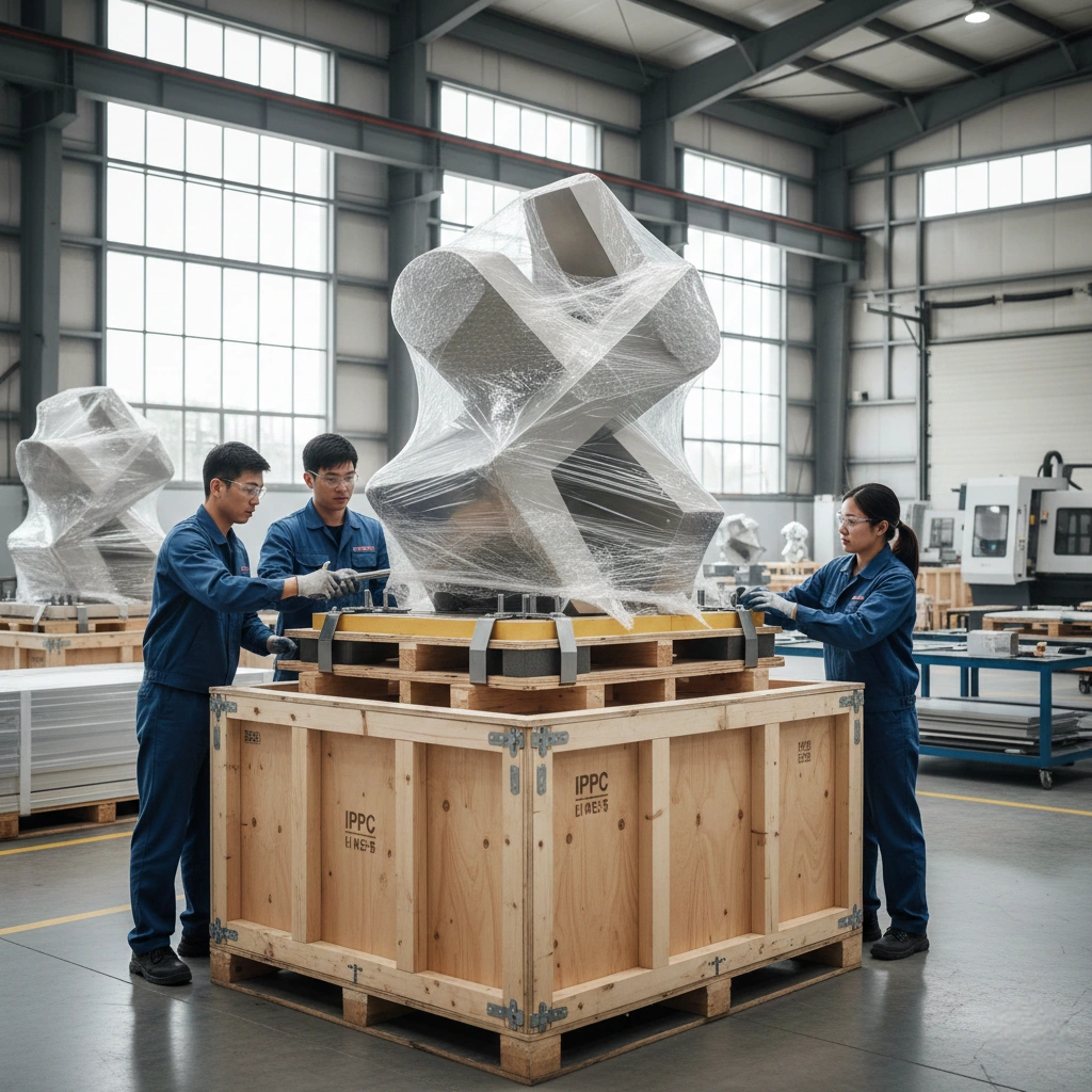 A heavy-duty, custom-built wooden crate with internal foam padding and bracing, specifically designed to secure a metal sculpture for international shipping, ensuring protection against shock and vibration.