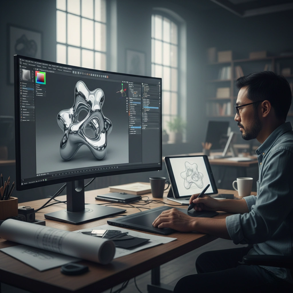 A professional designer using Rhino and ZBrush software to transform a client's 2D sketch into a high-precision 3D digital sculpture, refining every detail and curvature for client approval before fabrication