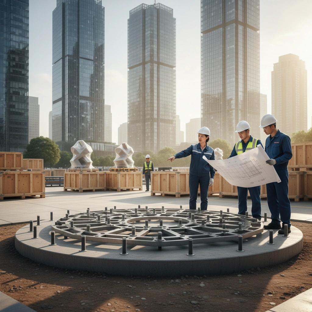 On-site engineers reviewing blueprints and overseeing the precise placement of anchor bolts and a custom template for a sculpture's foundation, ensuring perfect alignment and structural integrity before installation.