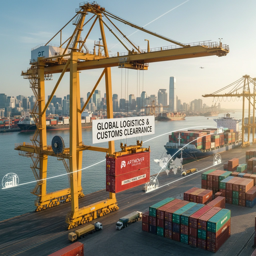 A bustling port scene with large container ships, gantry cranes loading cargo, and trucks, illustrating the complex global logistics, secure container shipping, and meticulous customs clearance process for international art transport.
