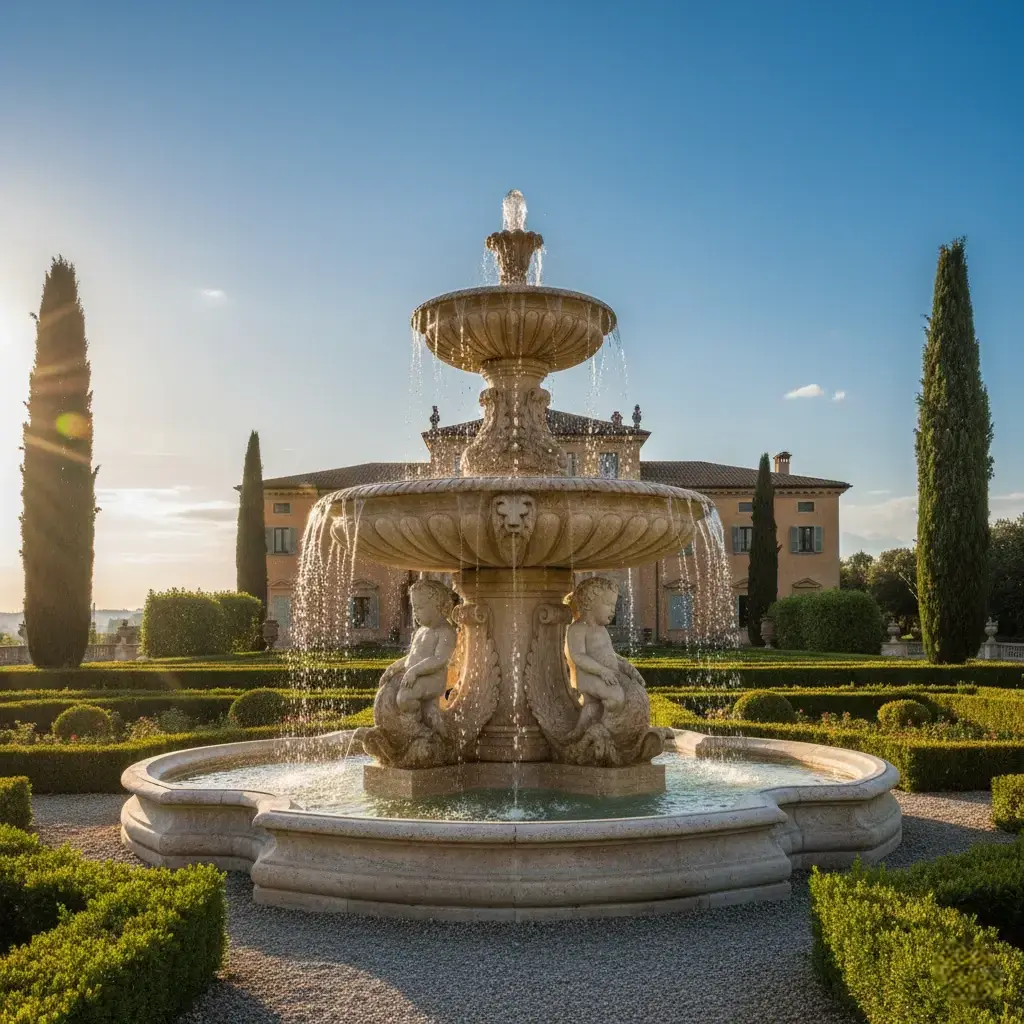 Magnificent multi-tiered natural stone estate fountain with intricate hand-carved details, featured in a luxury garden landscape to showcase high-end architectural water feature craftsmanship