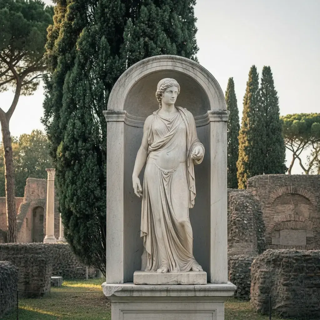 A museum-quality, hand-carved white marble classical Greek-style statue, showcasing intricate muscle detail and flowing drapery, ideal for luxury garden landscapes and architectural interiors