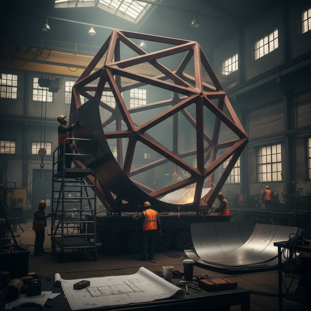 Expert artisans hand-forging and shaping stainless steel panels over the structural frame, using traditional techniques to create fluid curves and intricate surface textures for a custom sculpture