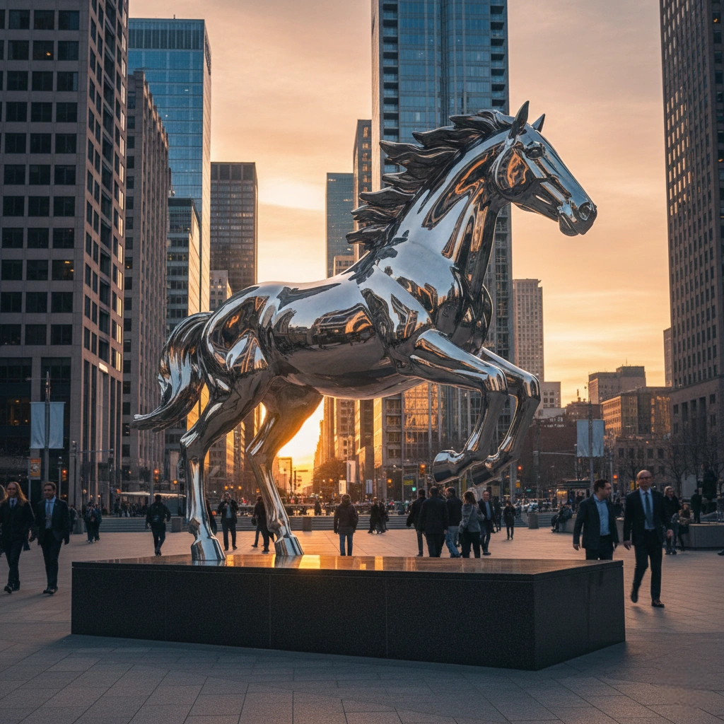 Contemporary abstract stainless steel sculpture with high-gloss mirror finish for outdoor landscape and public gardens