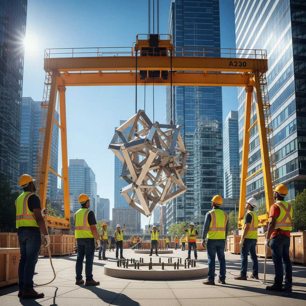 A large, complex sculpture being precisely lifted and positioned by a gantry crane at an urban installation site, with a team of professional engineers and riggers carefully guiding the process for secure on-site assembly.