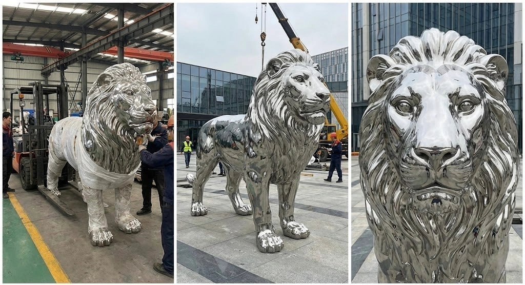 lion modern mirror polished stainless steel abstract sculpture