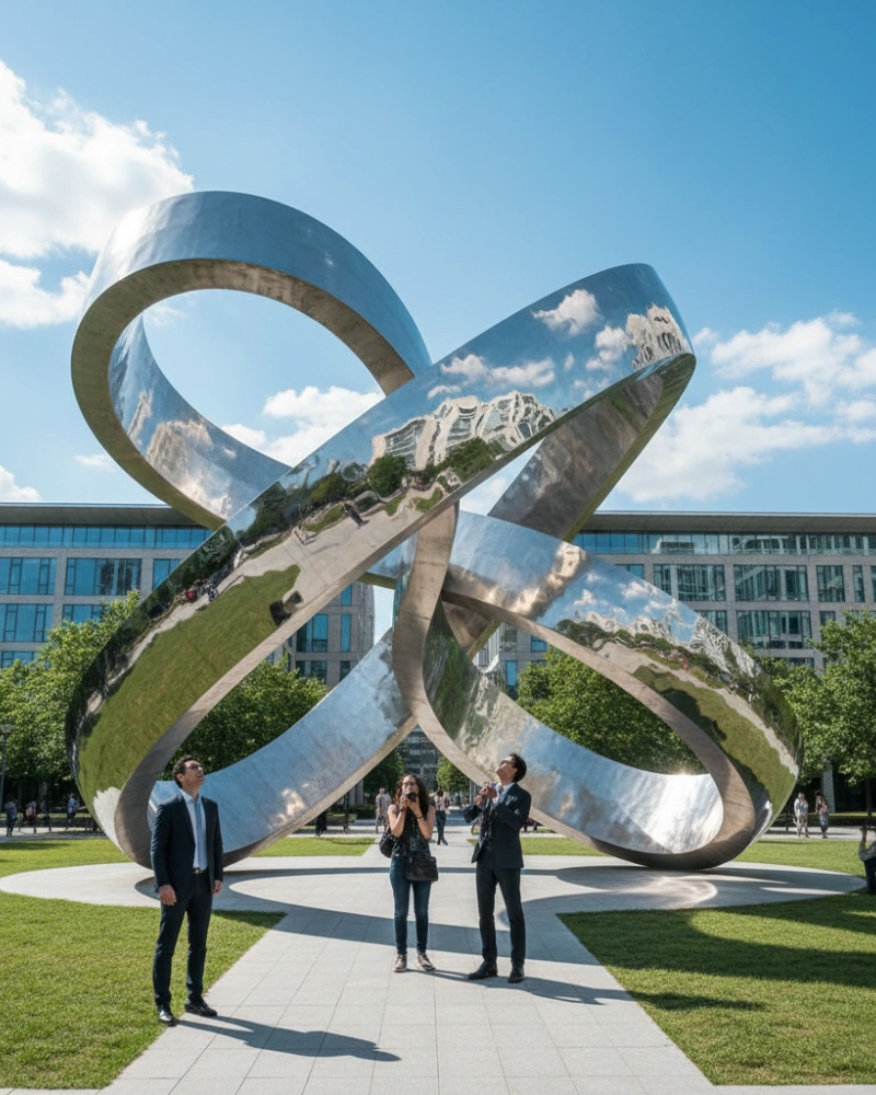 Modern Abstract Stainless Steel Sculpture Trends 2026: The Rise of Reflective Geometry in Architectural Spaces Contemporary abstract stainless steel sculpture with high-gloss mirror finish for outdoor landscape and public gardens.