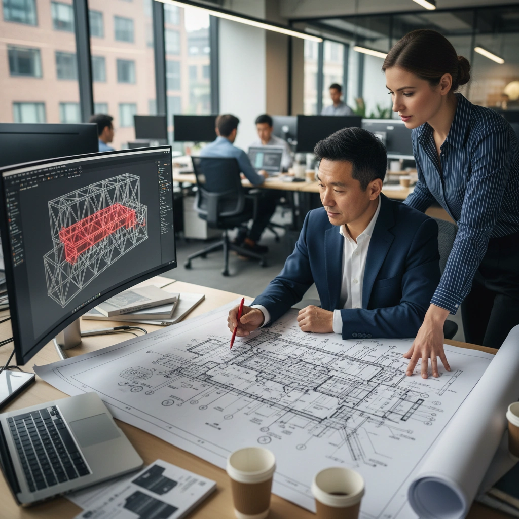 A technical engineering view showing the 1:1 scale internal framework design of a large sculpture, highlighting the complex steel support structure, connecting joints, and base plates designed for maximum stability