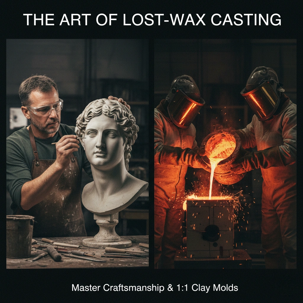 Expert artisan meticulously refining a 1:1 scale clay model for the lost-wax bronze casting process, ensuring museum-grade precision and authentic detailing for a custom architectural bronze sculpture