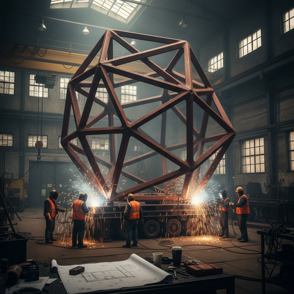 A heavy-duty internal structural skeleton of a large sculpture under construction, showing a reinforced steel framework with anti-corrosion coating and professional cross-bracing for maximum stability and wind resistance
