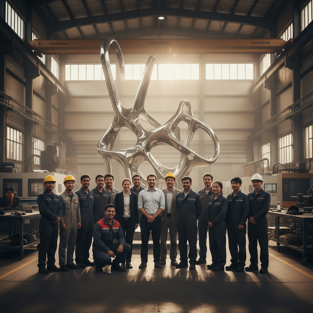 A diverse and professional team, including engineers, artisans, and project managers, posing for a group photo in a modern sculpture manufacturing factory with a large abstract artwork in the background, symbolizing collective expertise and passion.