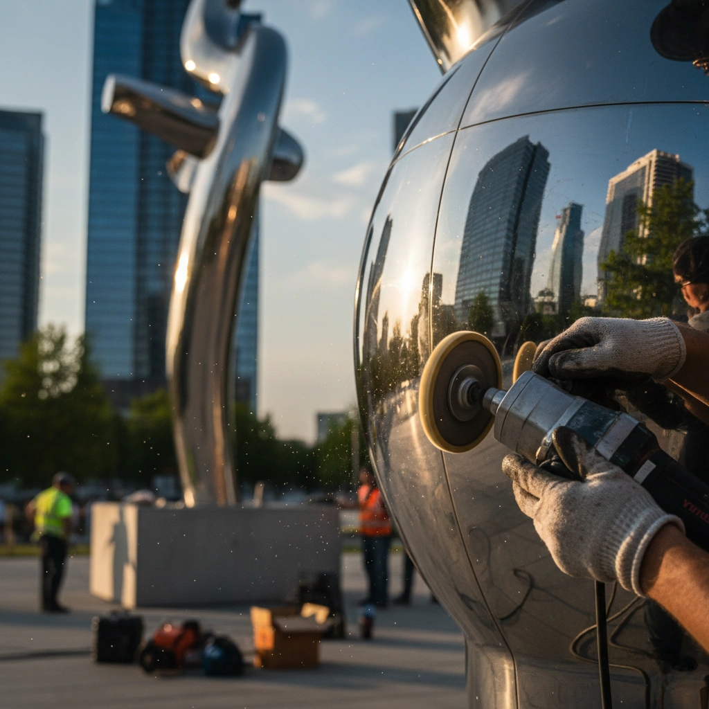 Close-up of a skilled artisan performing final mirror-polishing and surface refinishing on a large metal sculpture after installation, meticulously removing joint lines to achieve a flawless, reflective surface in an urban setting.