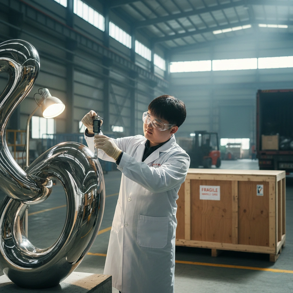 Leo, the founder of Shushin Art, conducting a meticulous quality inspection on a large-scale mirror-polished stainless steel sculpture in the factory, ensuring flawless craftsmanship and structural integrity before global shipping
