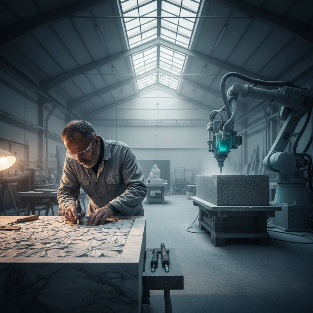 A professional stone carving workshop featuring a large-scale marble sculpture being refined. The scene showcases a blend of advanced CNC stone carving technology and manual artisan hand-finishing, with fine white marble dust and professional tools highlighting the precision and craftsmanship.